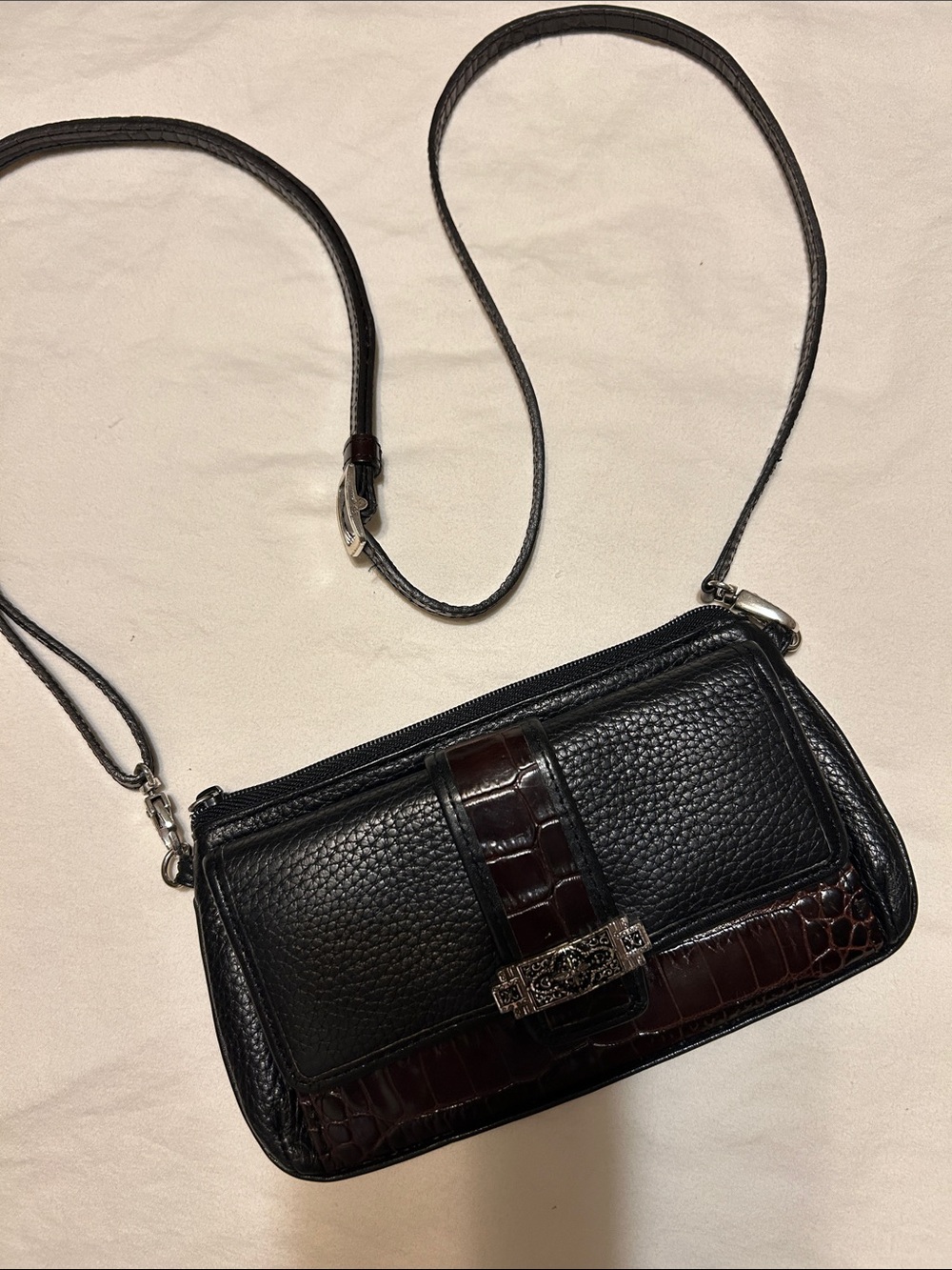 Brighton Black Leather Crossbody with Dark Brown Croc Trim